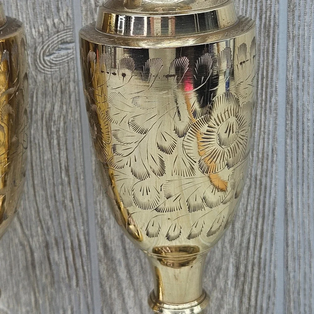 Vintage 11.5" Etched Brass Vases Pair Hand Crafted Floral Design Made in India - Picture 6 of 9